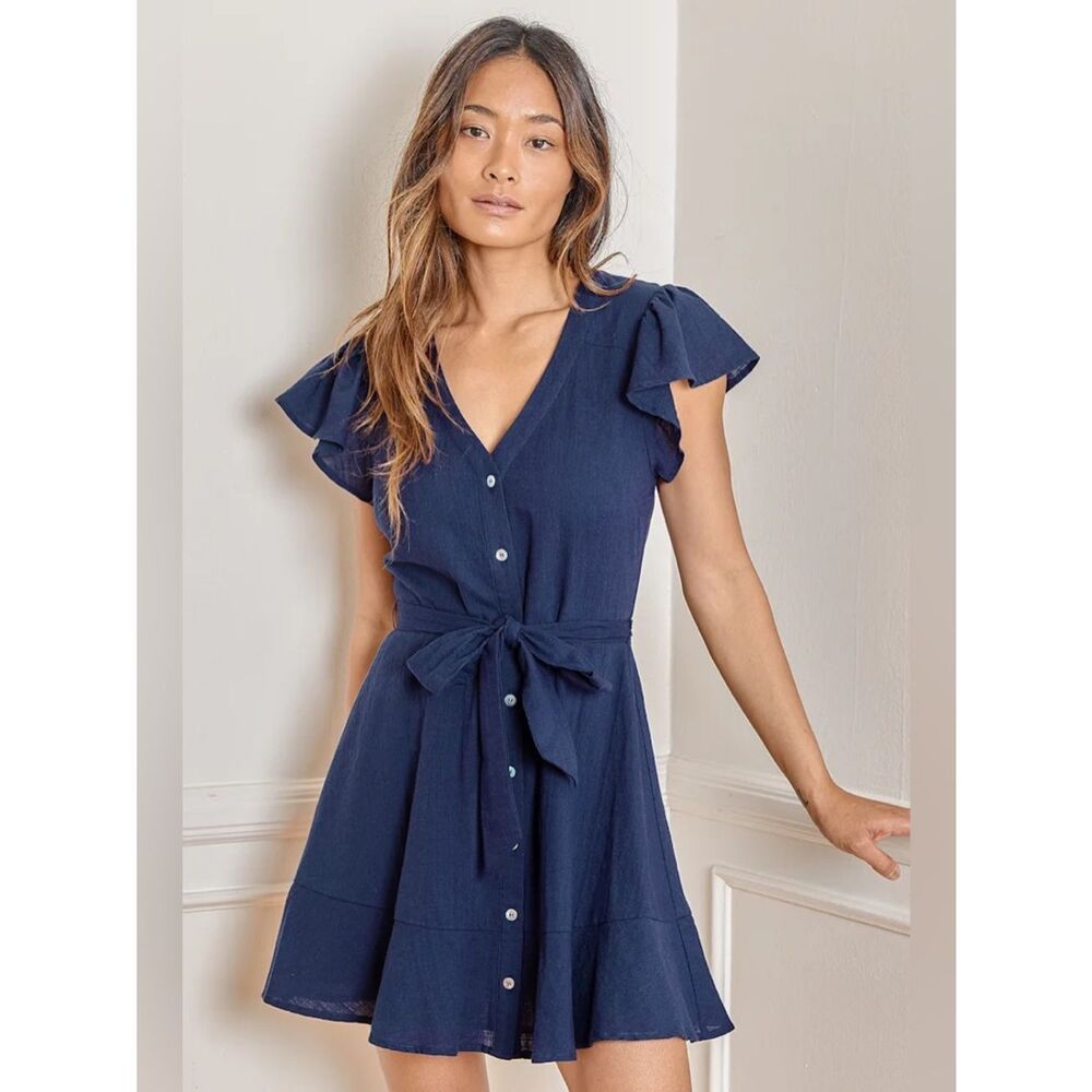 Lulus Daytime Dreamer Navy Blue Button Up Mini Dress Size L NWT 100% Cotton